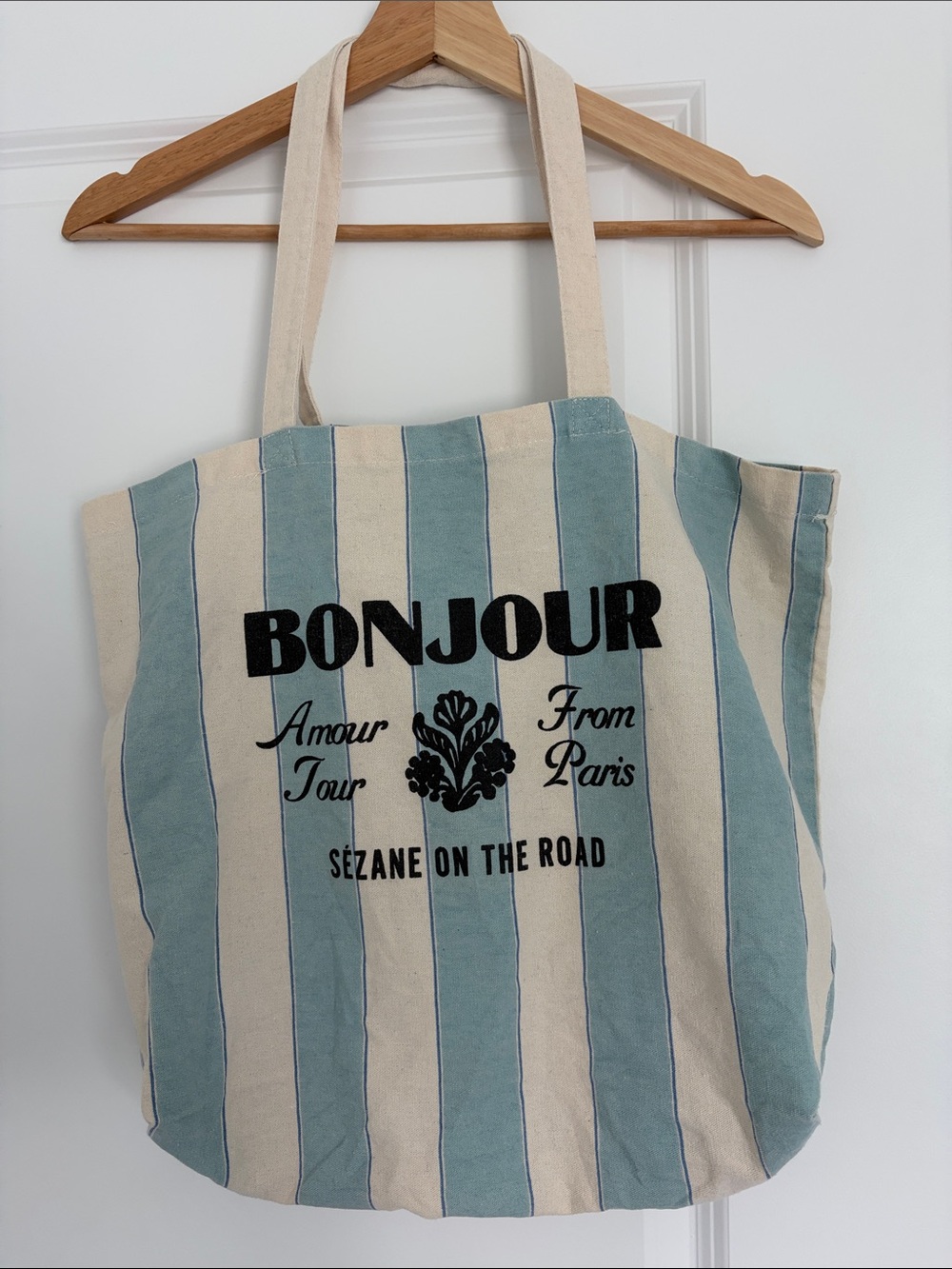 Sezane Bonjour Striped Canvas Tote Bag in Cream & Light Blue